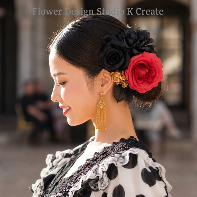 赤い薔薇と黒薔薇のブーケ風フローレス｜ソレア・ティエント・舞台