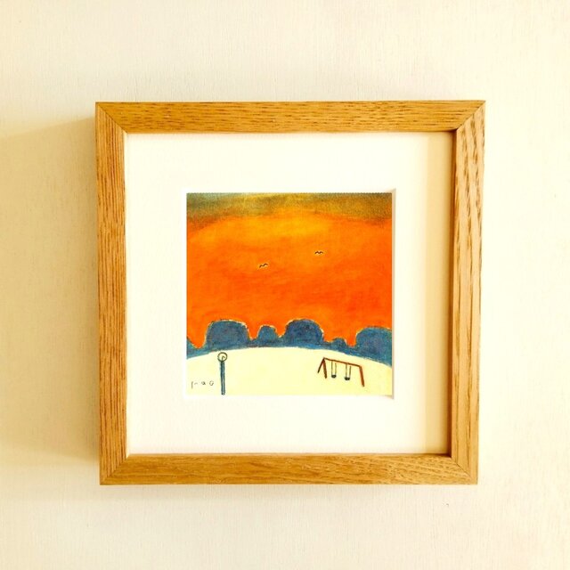 夕日 油彩画 木製フレーム付き 約48cm x 38cm 原画・水彩画】「夏の夕暮れ」 ※木製額縁入り（18㎝角）風景画・ペン画