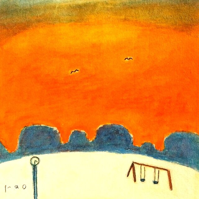 原画・水彩画】「夏の夕暮れ」 ※木製額縁入り（18㎝角）風景画・ペン画