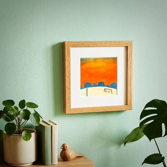 yoshikawa 水彩画 風景画 木製フレーム 原画・水彩画】「夏の夕暮れ」 ※木製額縁入り（18㎝角）風景画・ペン画