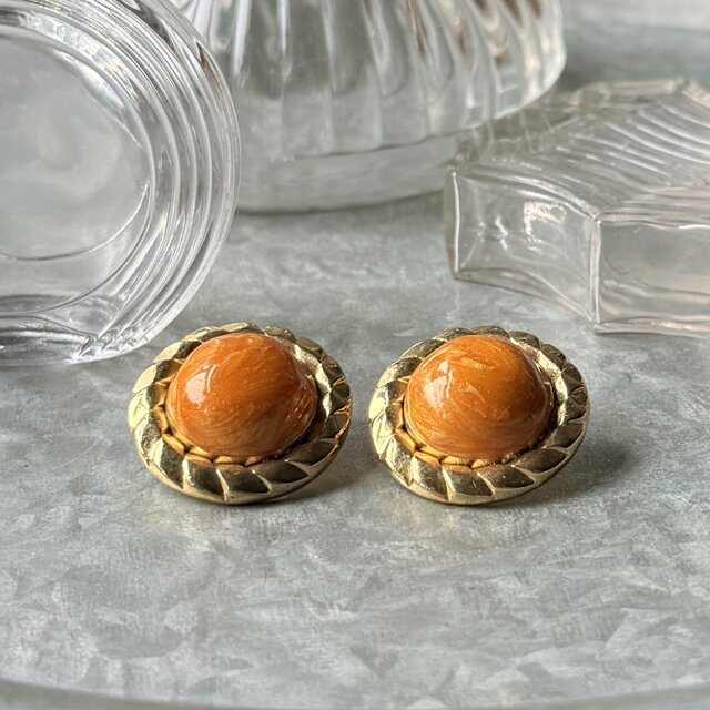 オレンジ　マーブル　ヴィンテージ　チロリアンテープ　リボン　ピアス　イヤリング P811-ヴィンテージピアス U.S.A. 1970-80's Apricot Orange Cabochon