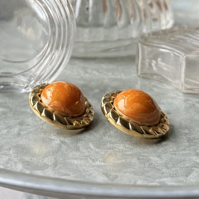 オレンジ　マーブル　ヴィンテージ　チロリアンテープ　リボン　ピアス　イヤリング P811-ヴィンテージピアス U.S.A. 1970-80's Apricot Orange Cabochon