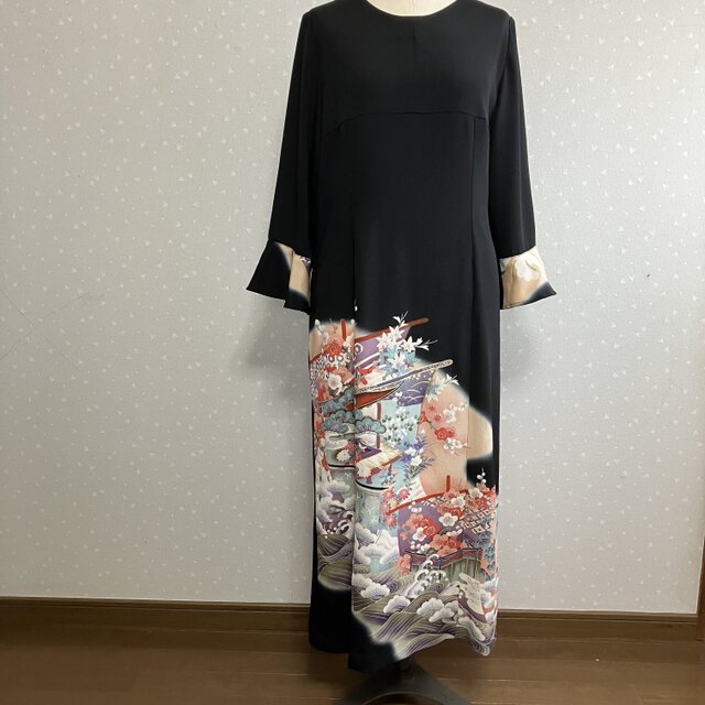 No.184ロングワンピースL〜LL13号留袖ドレス着物リメイク袖口フリル