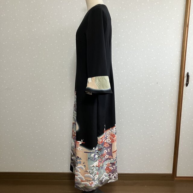 No.184ロングワンピースL〜LL13号留袖ドレス着物リメイク袖口フリル