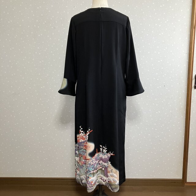 No.184ロングワンピースL〜LL13号留袖ドレス着物リメイク袖口フリル