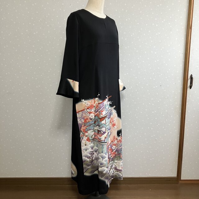 No.184ロングワンピースL〜LL13号留袖ドレス着物リメイク袖口フリル