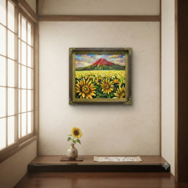 油絵・原画【夕映えに燃ゆ】ひまわりと赤富士の風景画（一点物／夏の