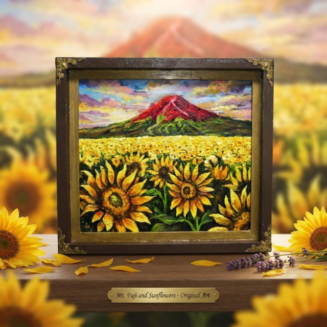 油絵・原画【夕映えに燃ゆ】ひまわりと赤富士の風景画（一点物／夏の
