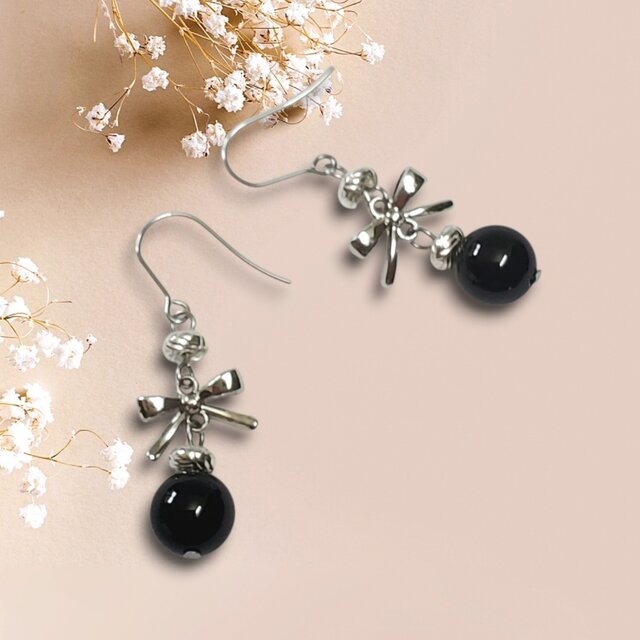 オニキス×シルバー リボン＊ピアス＊天然石＊大人可愛い＊サージカル