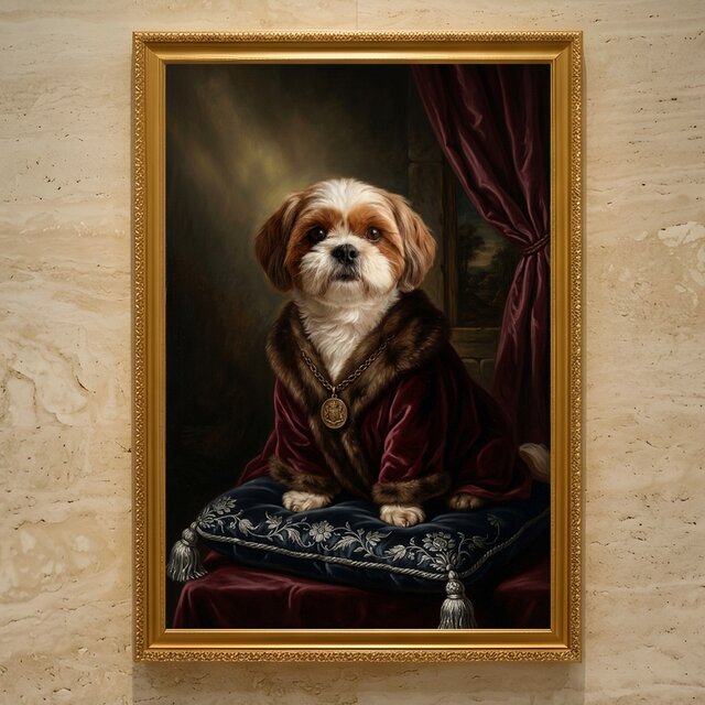 絵画 油絵 犬 シーズ 犬（シーズー）のルネサンス風肖像画 油絵風アートA3額装インテリア