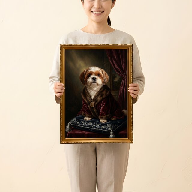 犬（シーズー）のルネサンス風肖像画 油絵風アートA3額装インテリア