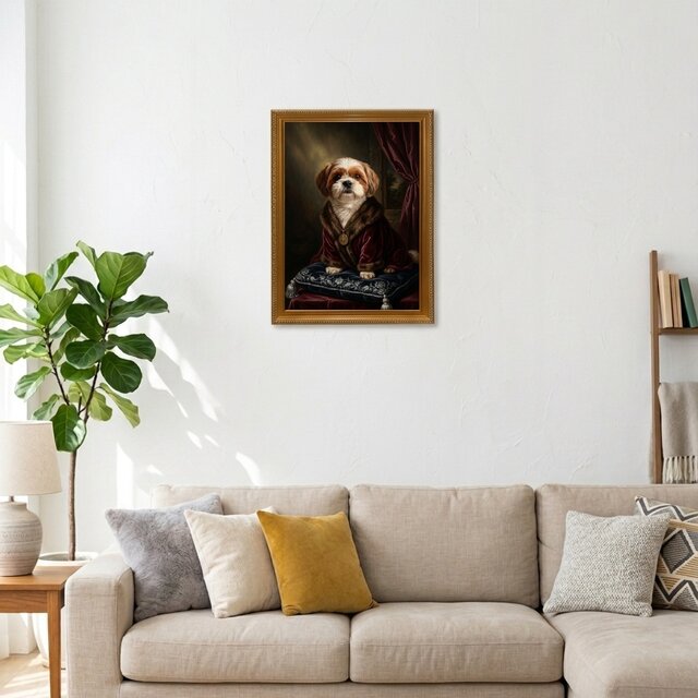 犬（シーズー）のルネサンス風肖像画 油絵風アートA3額装インテリア