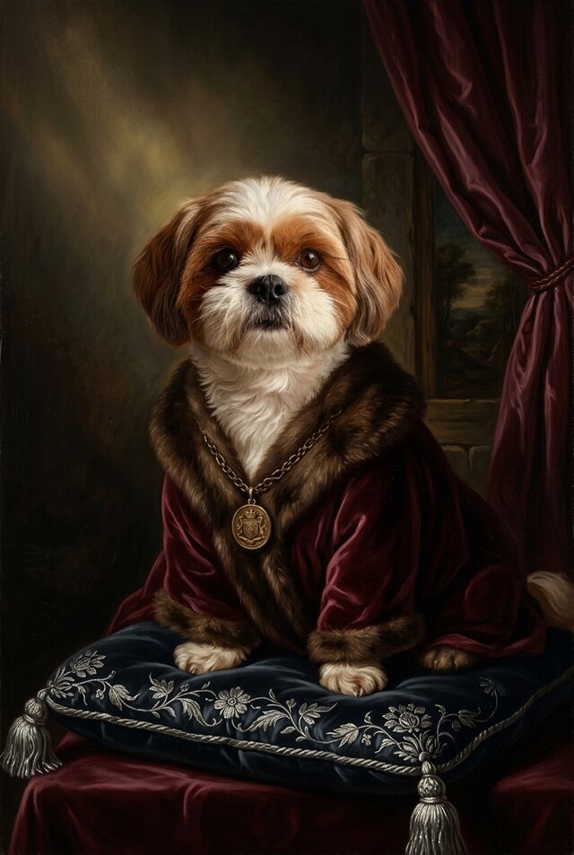 絵画 油絵 犬 シーズ 犬（シーズー）のルネサンス風肖像画 油絵風アートA3額装インテリア