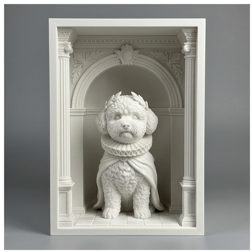 犬（ビションフリーゼ）の3Dプリント ブックヌーク 白PLA 本棚