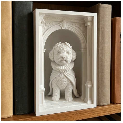 犬（ビションフリーゼ）の3Dプリント ブックヌーク 白PLA 本棚