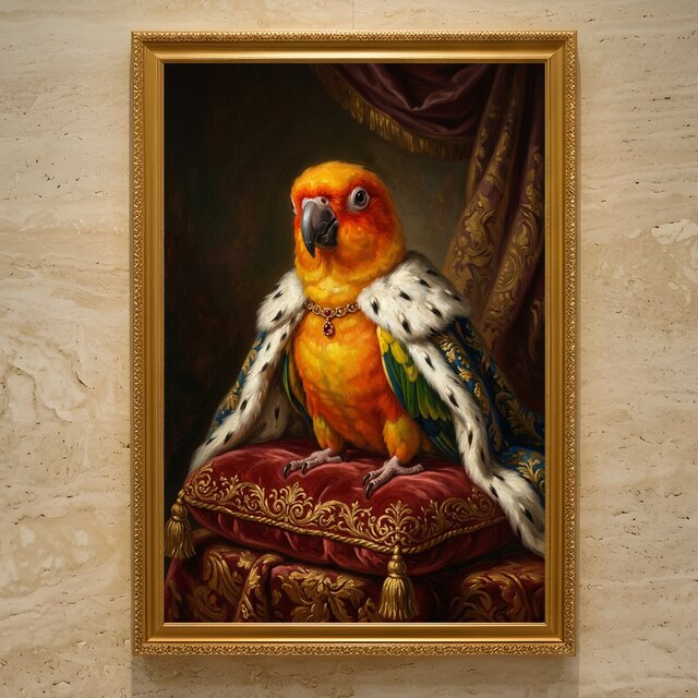 インコ　絵画 インコ（コガネメキシコインコ）のルネサンス風肖像画 A3額装