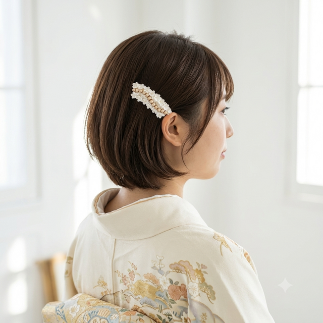 和装 髪飾り ミニハット 白ラスト一点 大人の和装髪飾り / バレッタ 】 白桜｜訪問着・入学式・卒業式・結婚