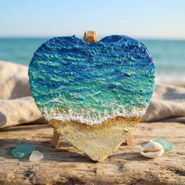 油彩画「心に寄せる、碧の記憶」ハートキャンバスに描く夏の海と波の