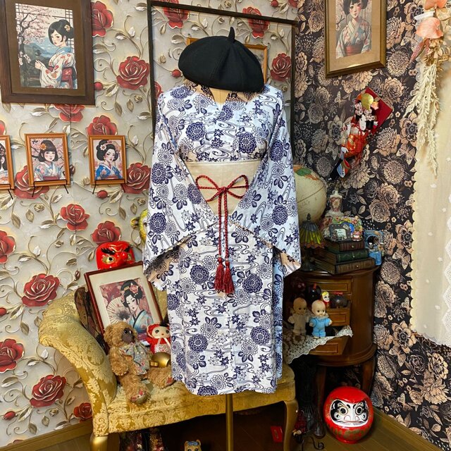 浴衣リメイク ミニミディ ワンピース ドレス 帯 和洋折衷 白地に藍色で