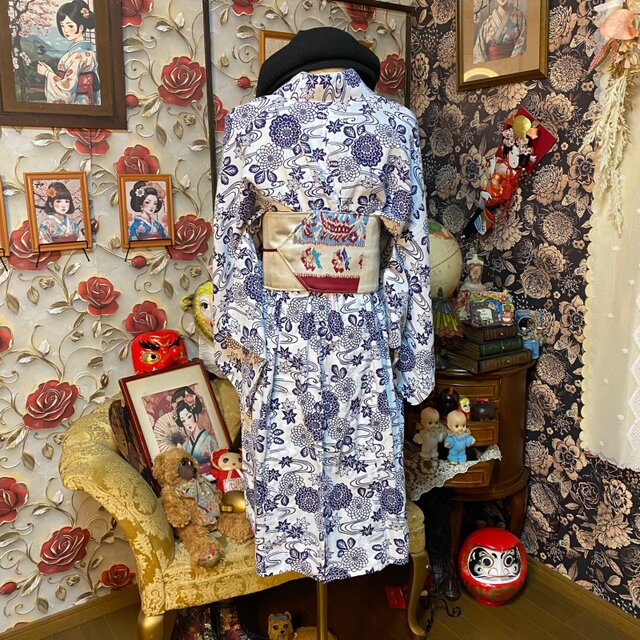 浴衣リメイク ミニミディ ワンピース ドレス 帯 和洋折衷 白地に藍色で
