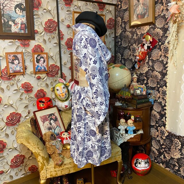 浴衣リメイク ミニミディ ワンピース ドレス 帯 和洋折衷 白地に藍色で