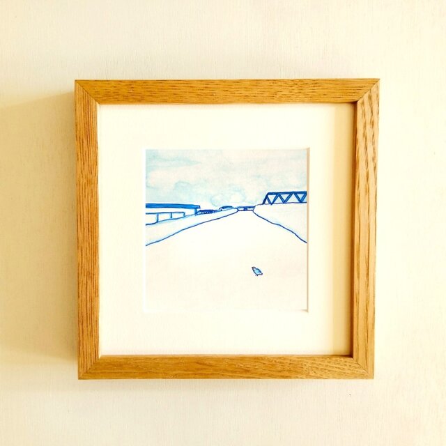 原画・水彩画】「青い橋のある風景」 ※木製額縁入り（18㎝角）風景画