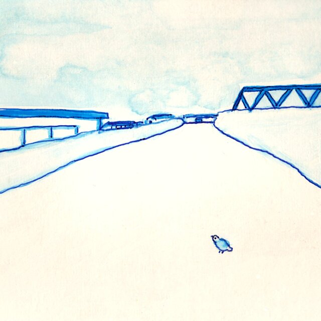 原画・水彩画】「青い橋のある風景」 ※木製額縁入り（18㎝角）風景画