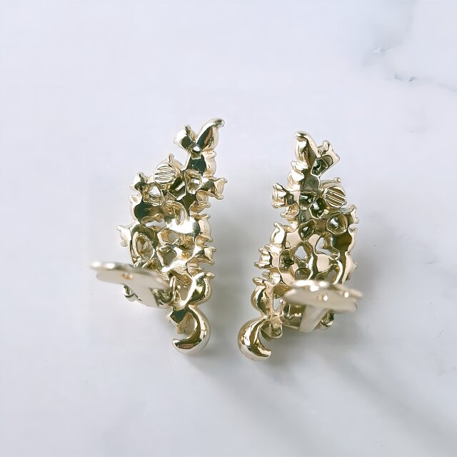 gold tone leaf aurora rhinestone flower ヴィンテージイヤリング