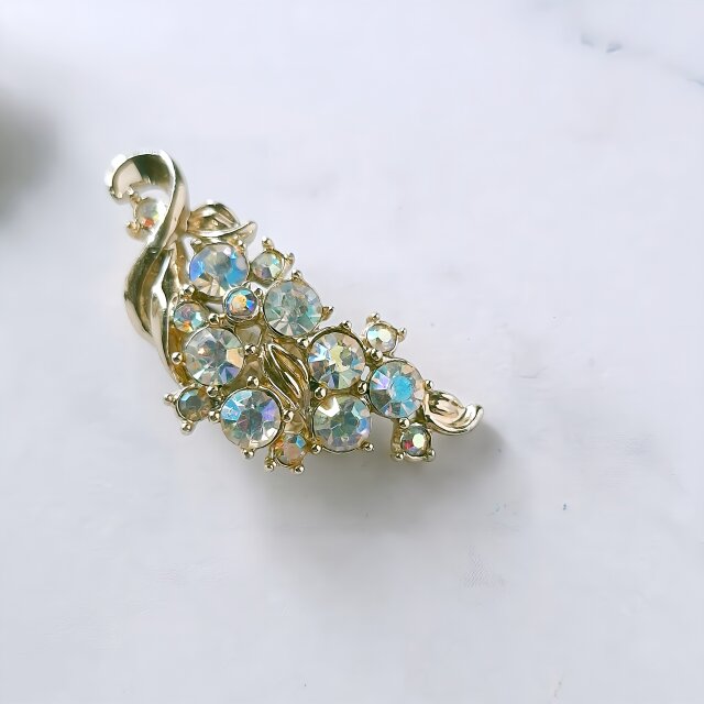 gold tone leaf aurora rhinestone flower ヴィンテージイヤリング