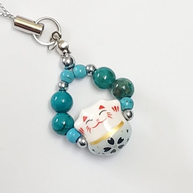 招き猫×ターコイズ＊天然石ストラップ＊パワーストーン＊縁起物＊幸運
