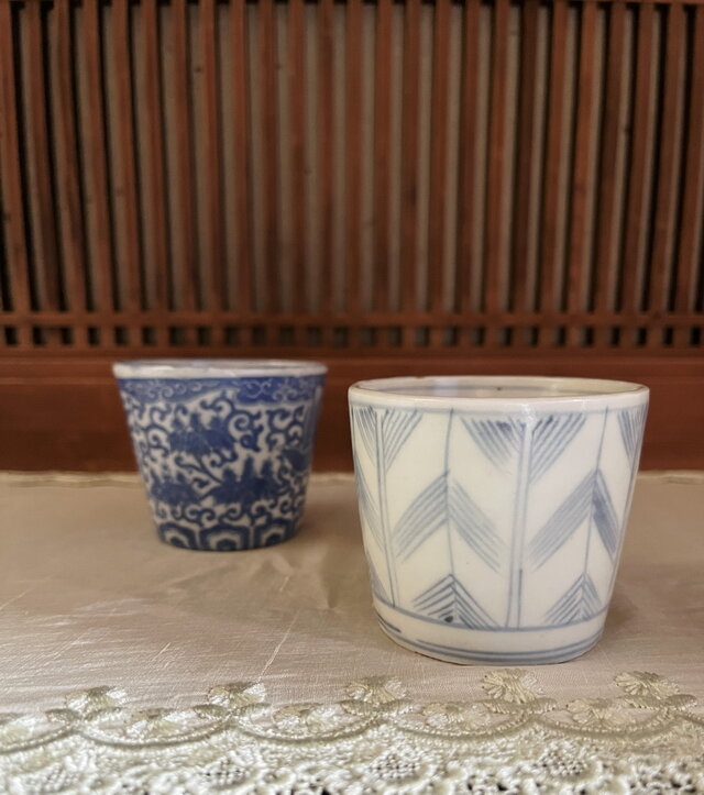 そば猪口 染付 印判鳳凰桐紋一客 染付矢羽根紋一客 yk317 | iichi 日々