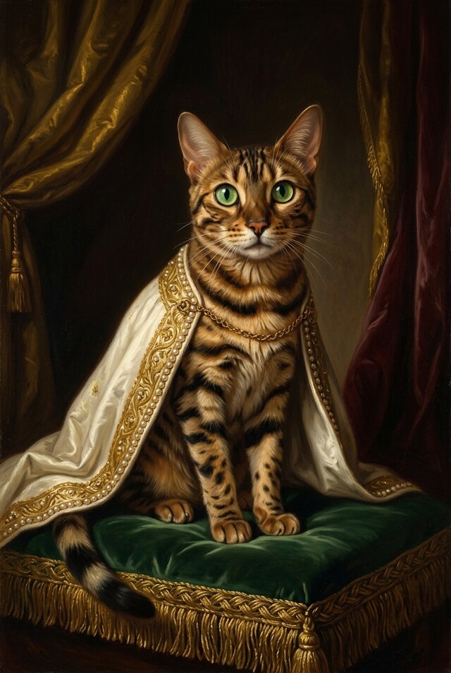 猫（ベンガル）のルネサンス風肖像画 油絵風アートA4額装インテリア
