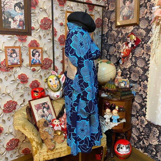 浴衣リメイク ミニミディ ワンピース ドレス 帯 和洋折衷 深い藍色に