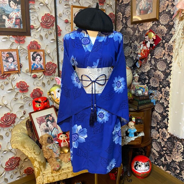 浴衣リメイク ミニミディ ワンピース ドレス 帯サッシュベルト付 和洋