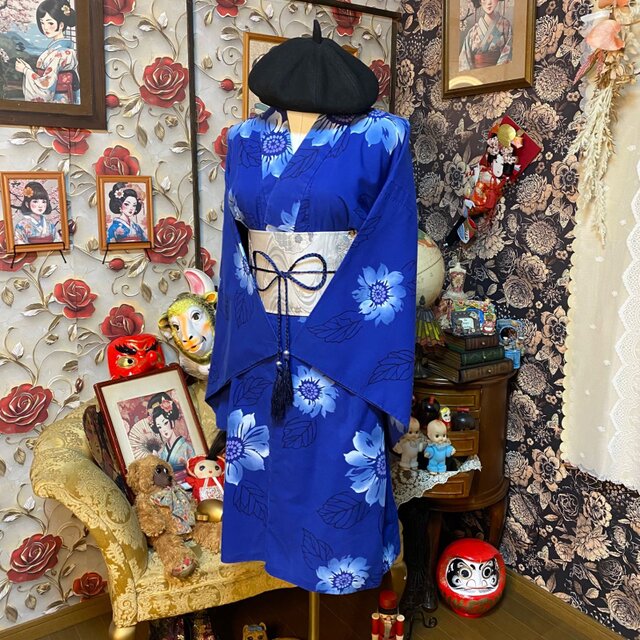 浴衣リメイク ミニミディ ワンピース ドレス 帯サッシュベルト付 和洋