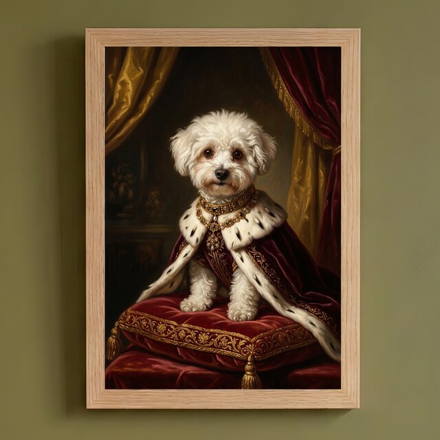犬（ビションフリーゼ）のルネサンス風肖像画 油絵風アートA4額装