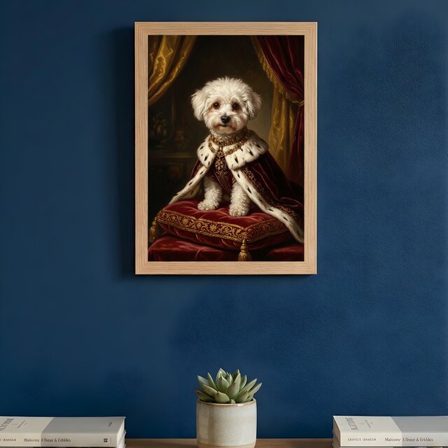 犬（ビションフリーゼ）のルネサンス風肖像画 油絵風アートA4額装