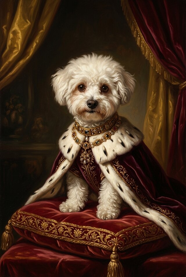 犬（ビションフリーゼ）のルネサンス風肖像画 油絵風アートA4額装