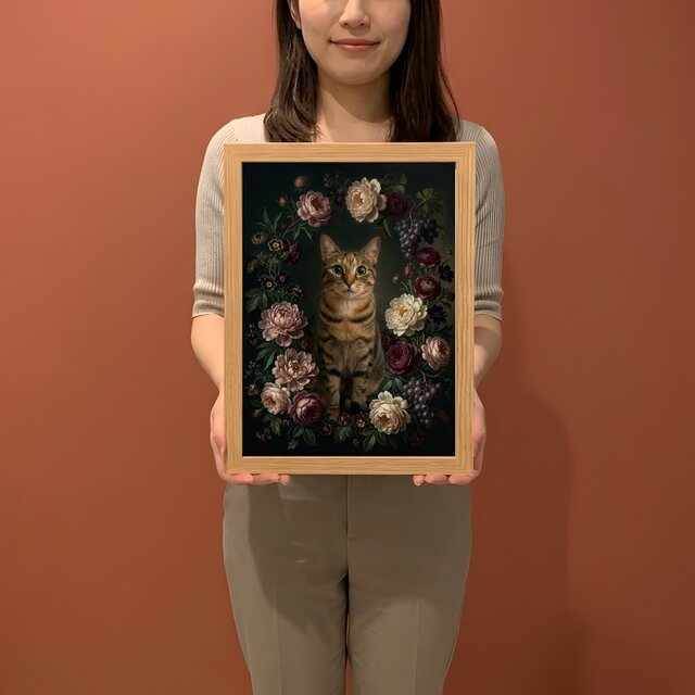 猫の花に囲まれた油絵風アート A4額装インテリア壁掛け | iichi 日々の