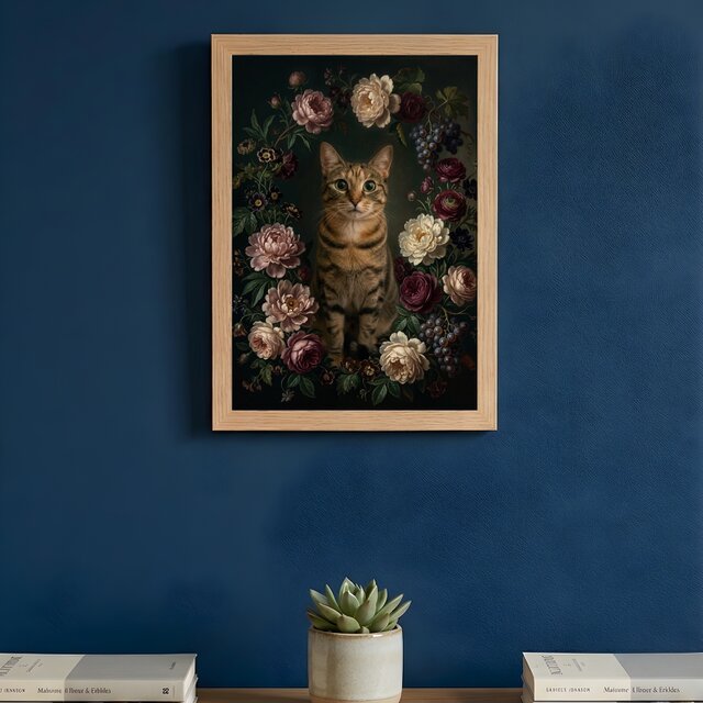 猫の花に囲まれた油絵風アート A4額装インテリア壁掛け | iichi 日々の