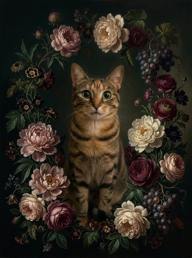 猫の花に囲まれた油絵風アート A4額装インテリア壁掛け | iichi 日々の