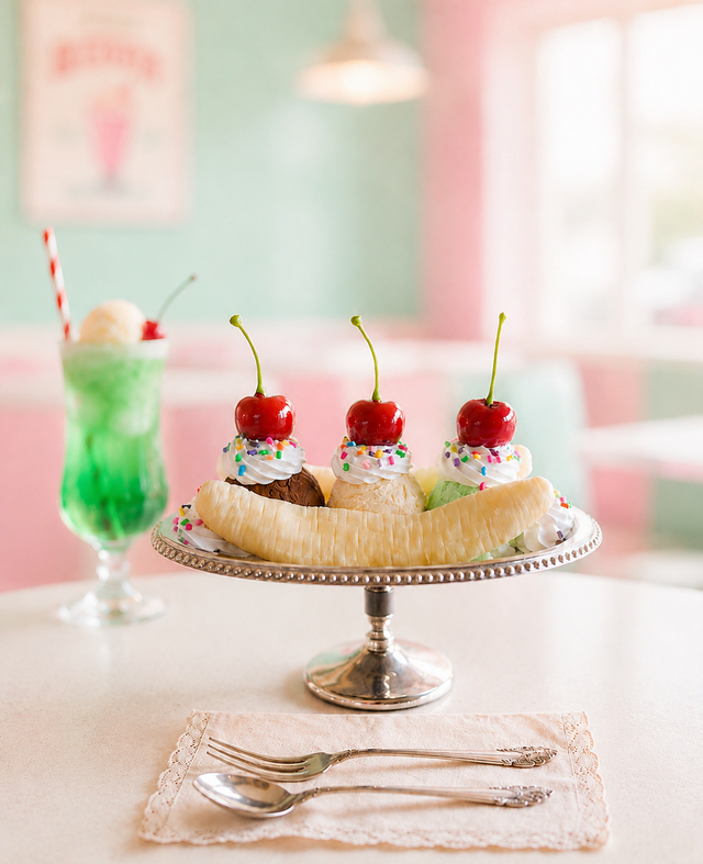 バナナスプリットみたいなプリンアラモード　撮影雑貨　フェイク　純喫茶　サンプル 食品サンプル】バナナスプリットのオブジェ リアルサイズ レトロ喫茶の