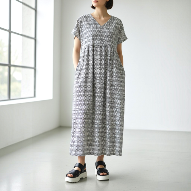 Vネック ワンピース【送料込み】浴衣リメイク フレンチスリーブ