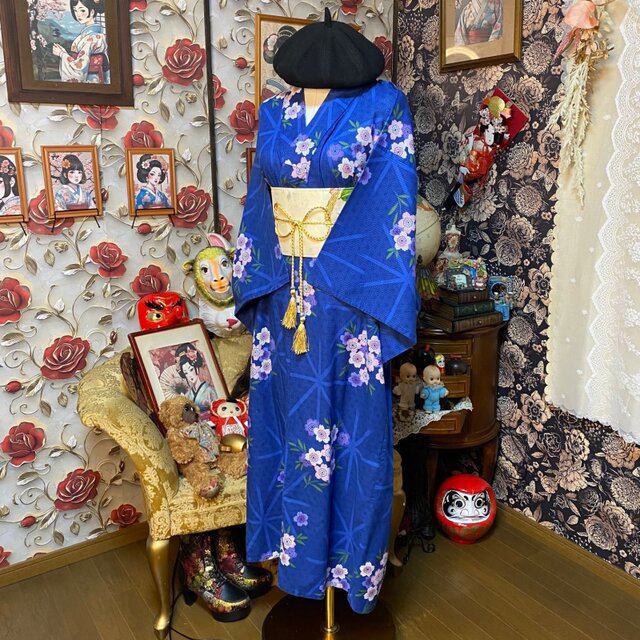 浴衣リメイク ロング ワンピース ドレス 帯サッシュベルト付 和洋折衷