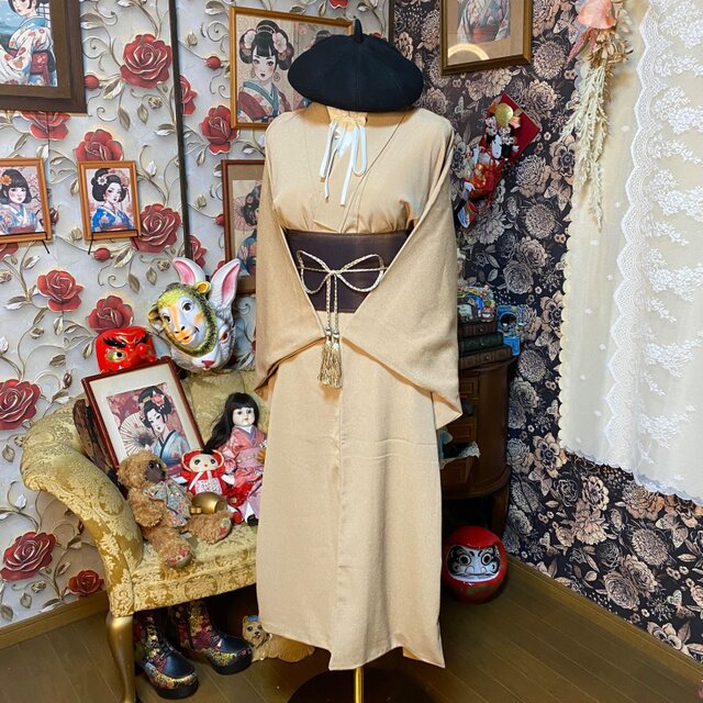 色無地 着物リメイク セミロング ワンピース ／ドレス／洗える化繊 帯