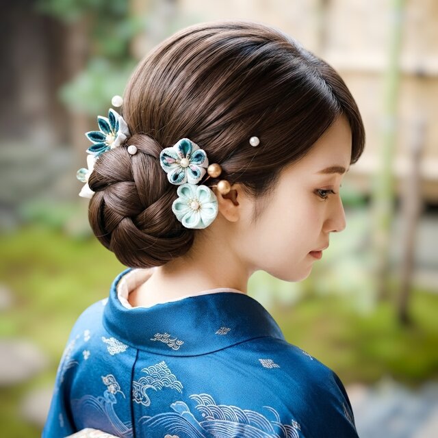 心ほどける》水色彩り｜つまみ細工 髪飾り 4本セット 成人式 卒業式