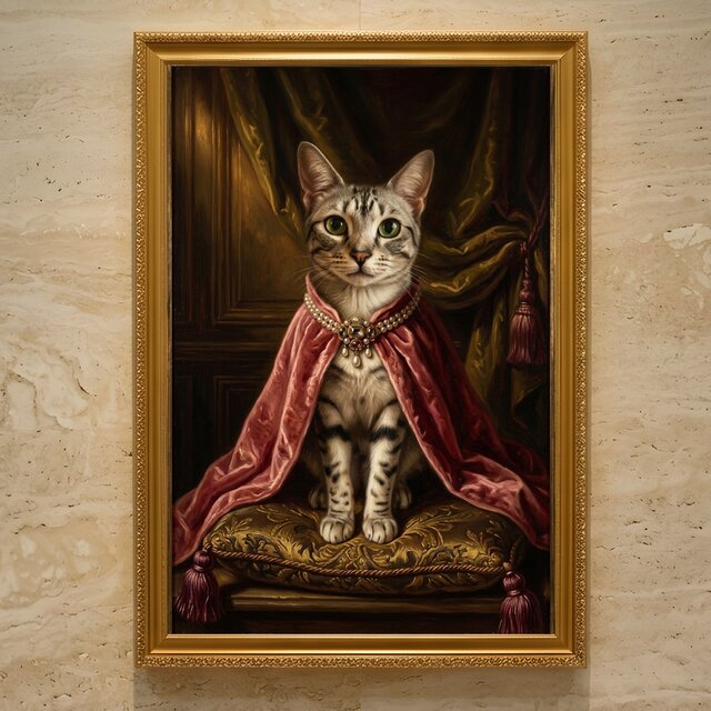 猫（エジプシャンマウ）のルネサンス風肖像画 油絵風アートA3額装