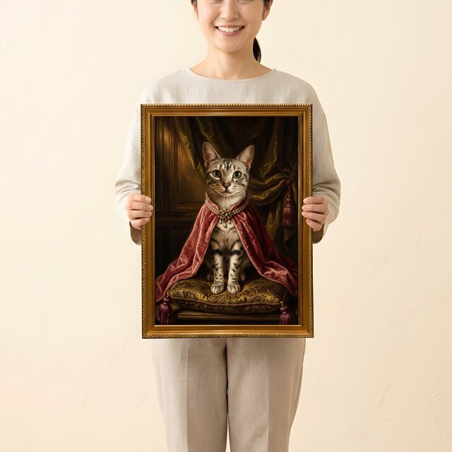 猫（エジプシャンマウ）のルネサンス風肖像画 油絵風アートA3額装