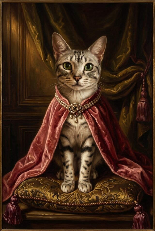 猫（エジプシャンマウ）のルネサンス風肖像画 油絵風アートA3額装