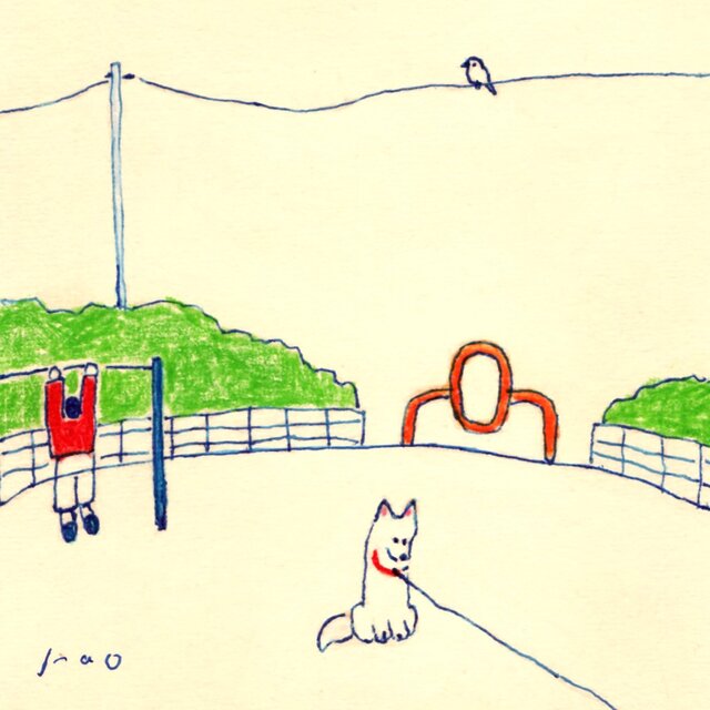 原画・イラスト】「公園にて」 ※木製額縁入り（18㎝角）犬の絵・風景画